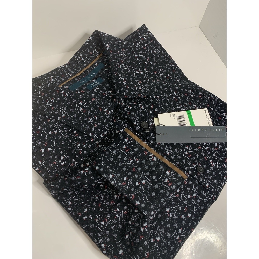 NWT Perry Ellis‎ Button-Up Long Sleeve Shirt Men's L  Black Floral Print